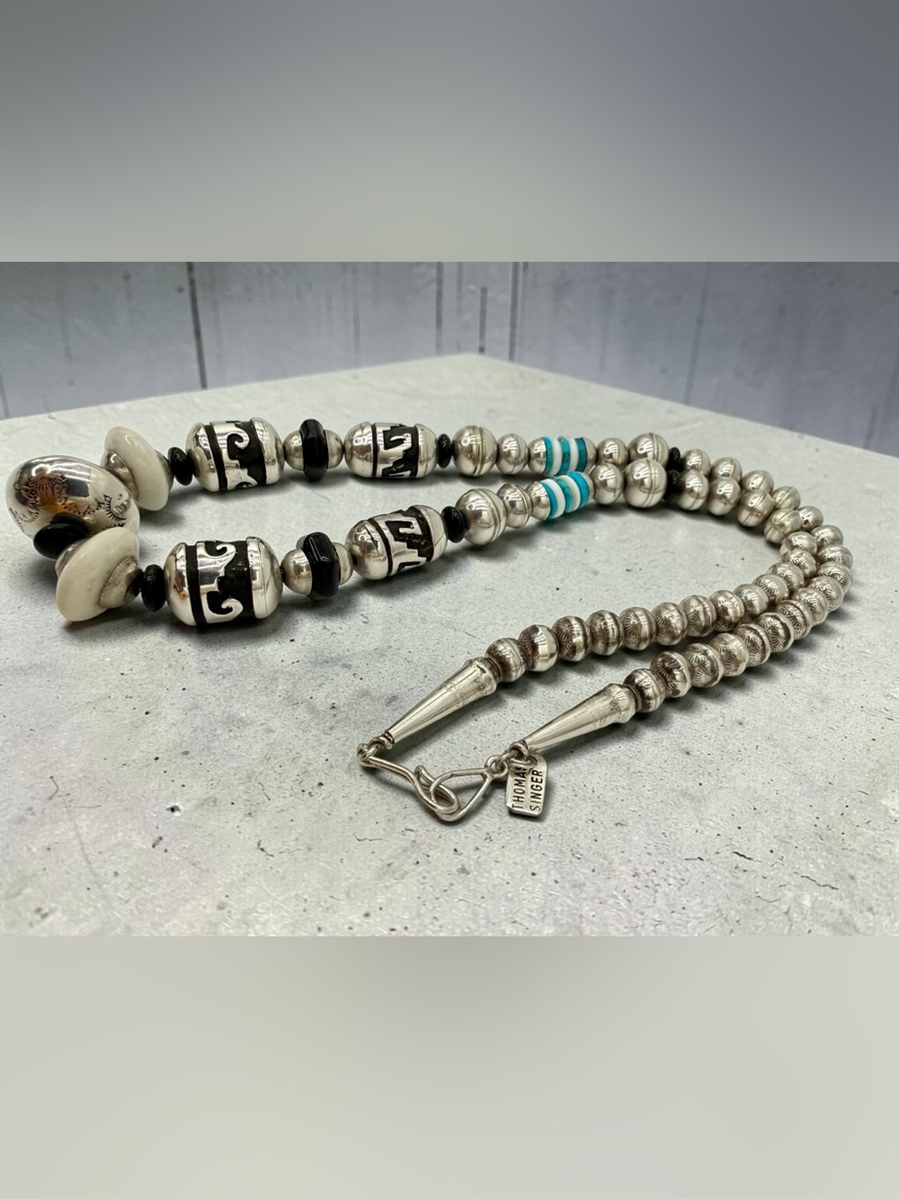 Thomas Singer Navajo Sterling Silver Turquoise Onyx MOP Bead Necklace 24” 74gram - Picture 10 of 17
